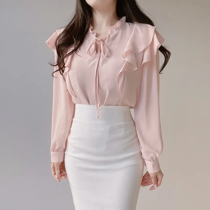 フリル ネックリボンラッフル長袖ブラウス | mirangmirang | 詳細画像3