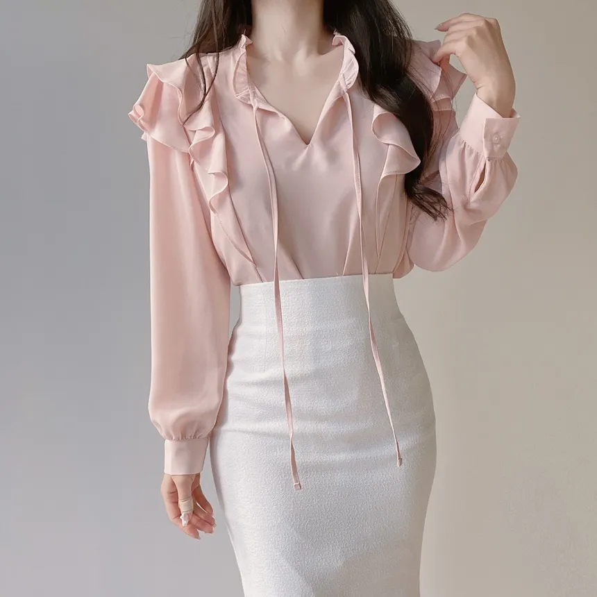 フリル ネックリボンラッフル長袖ブラウス | mirangmirang | 詳細画像4