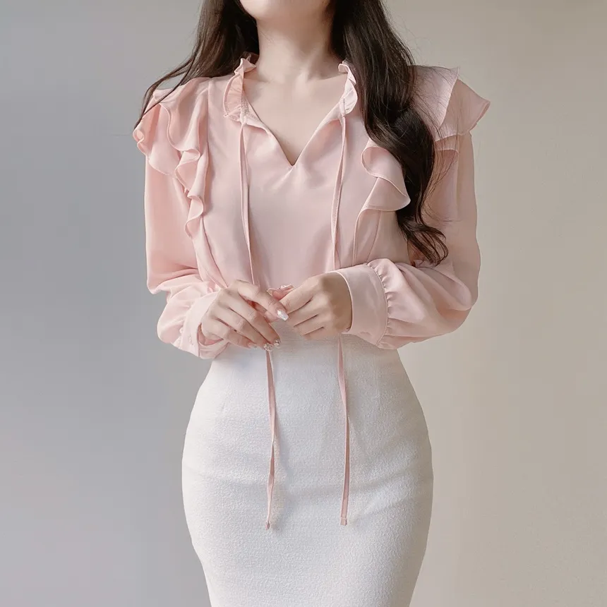 フリル ネックリボンラッフル長袖ブラウス | mirangmirang | 詳細画像5