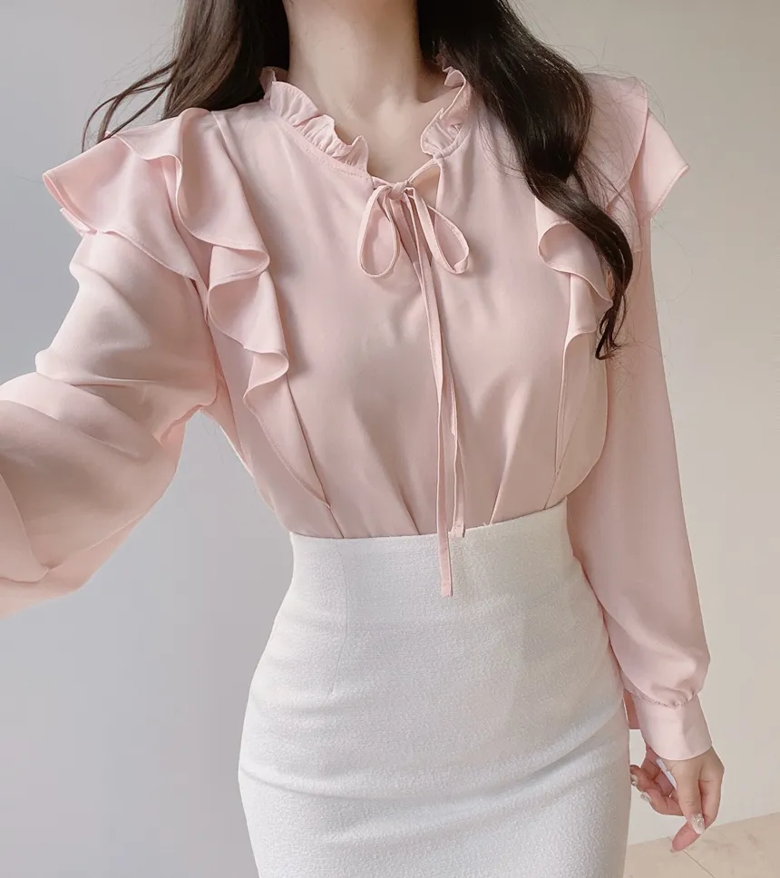 フリル ネックリボンラッフル長袖ブラウス | mirangmirang | 詳細画像7