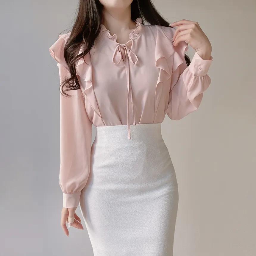 フリル ネックリボンラッフル長袖ブラウス | mirangmirang | 詳細画像8