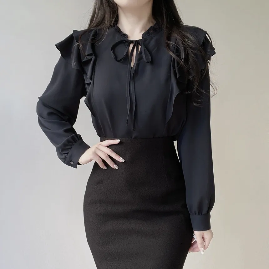 フリル ネックリボンラッフル長袖ブラウス | mirangmirang | 詳細画像19