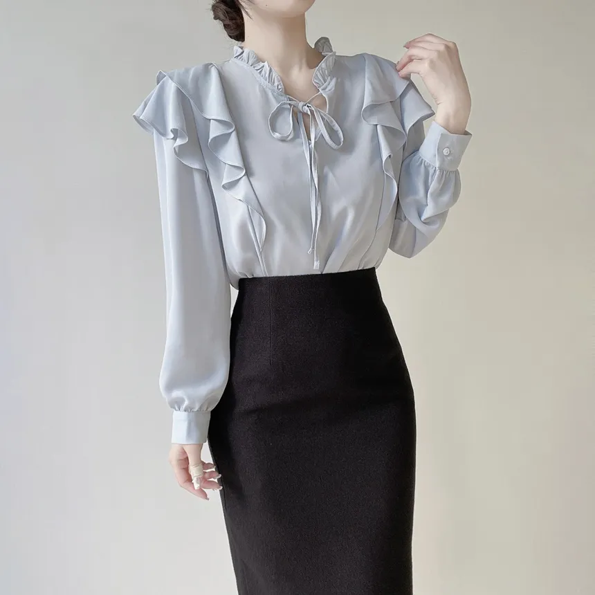 フリル ネックリボンラッフル長袖ブラウス | mirangmirang | 詳細画像23