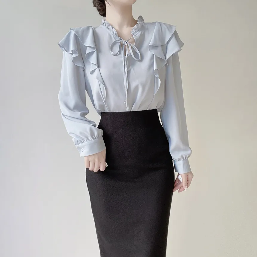 フリル ネックリボンラッフル長袖ブラウス | mirangmirang | 詳細画像32