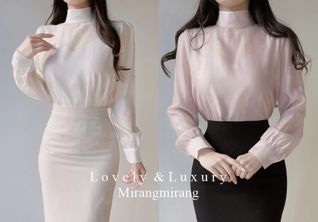 オーガンジーベーシックハイネックジップアップブラウス | mirangmirang | 詳細画像1