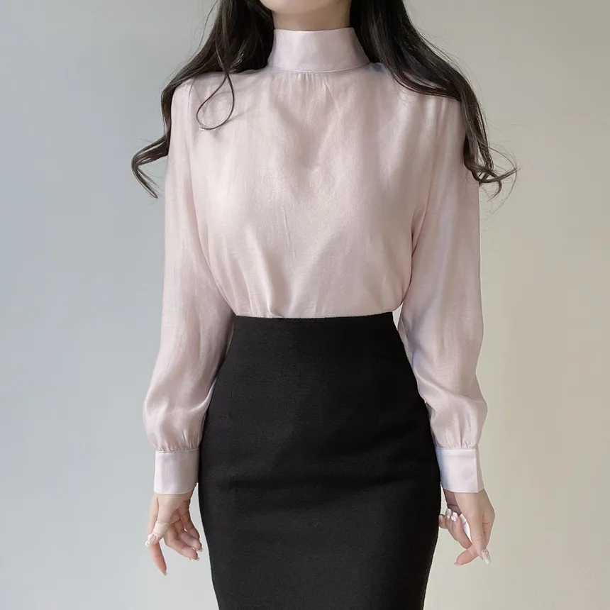 オーガンジーベーシックハイネックジップアップブラウス | mirangmirang | 詳細画像3