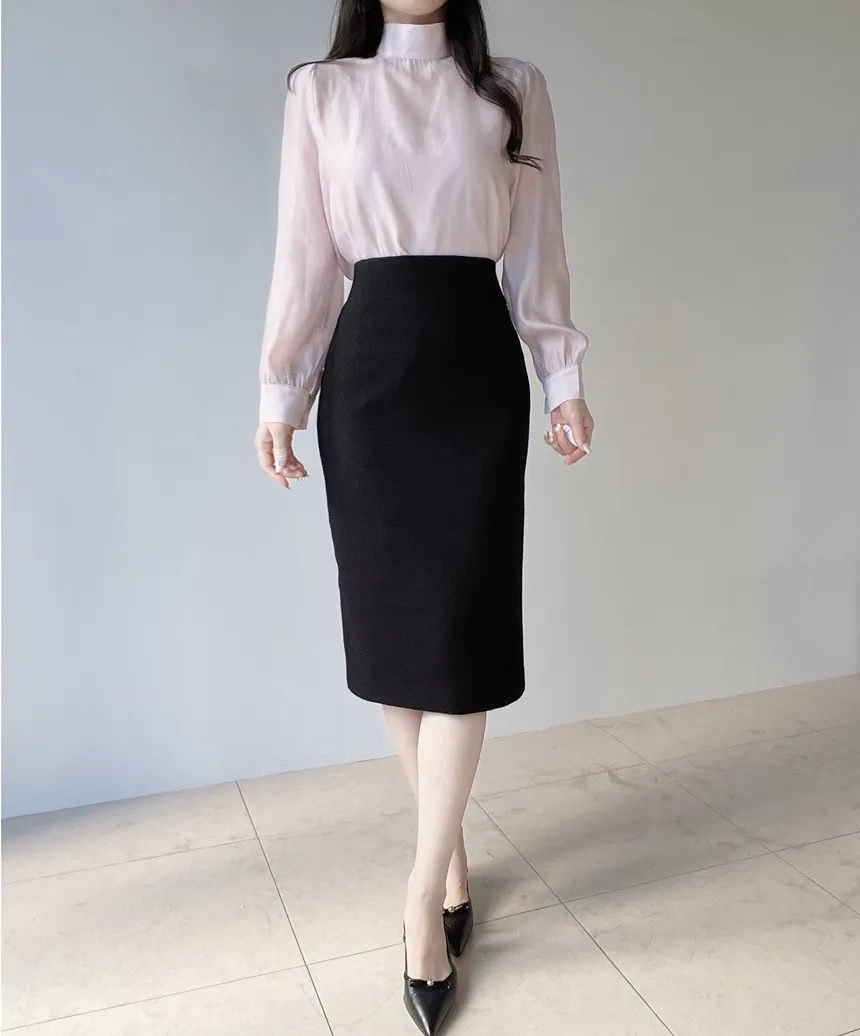 オーガンジーベーシックハイネックジップアップブラウス | mirangmirang | 詳細画像10