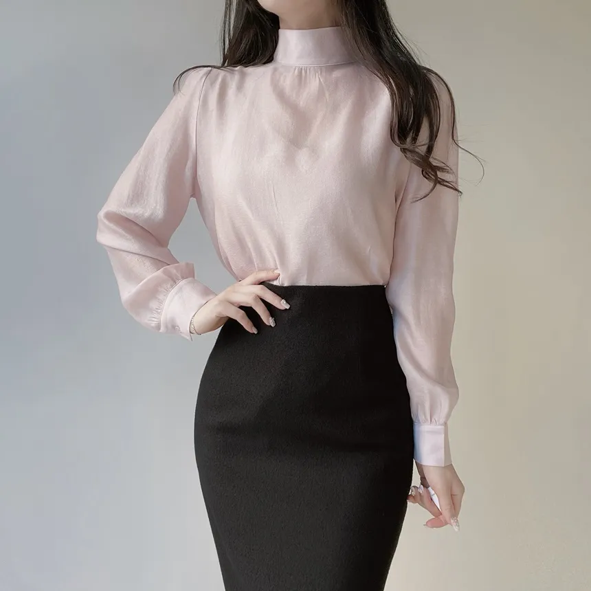 オーガンジーベーシックハイネックジップアップブラウス | mirangmirang | 詳細画像14