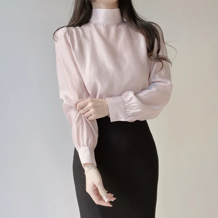 オーガンジーベーシックハイネックジップアップブラウス | mirangmirang | 詳細画像15