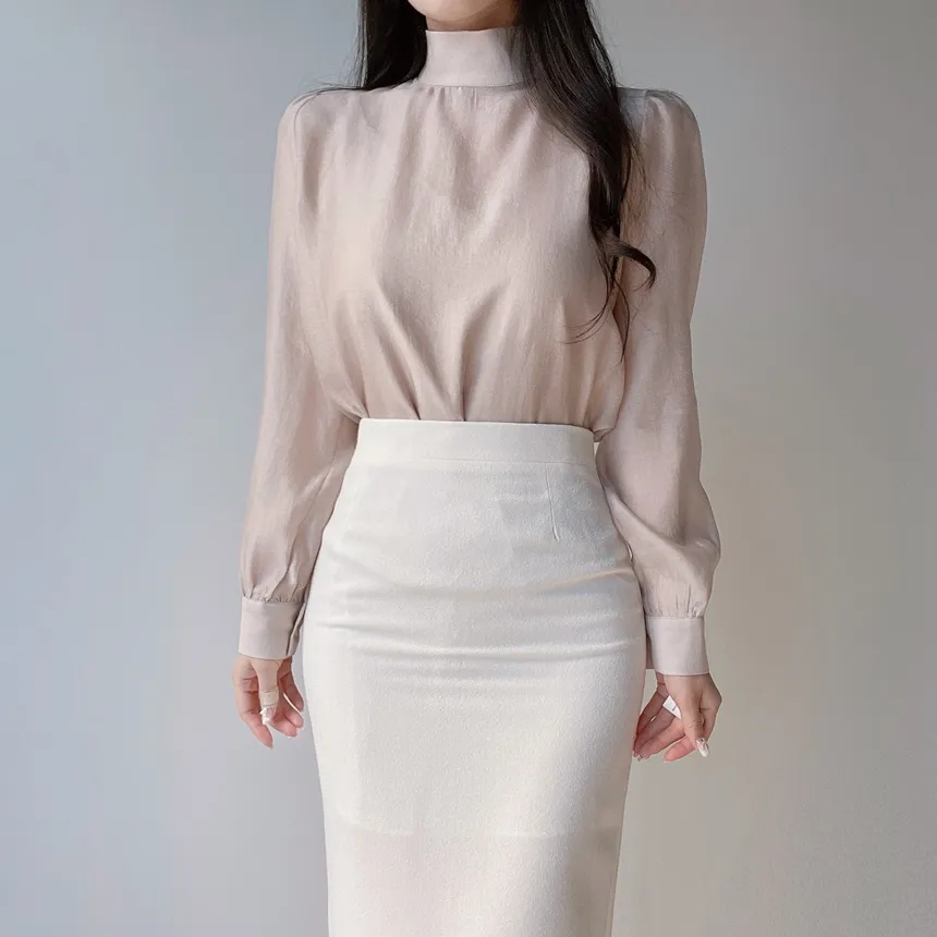 オーガンジーベーシックハイネックジップアップブラウス | mirangmirang | 詳細画像16