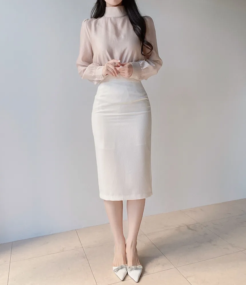 オーガンジーベーシックハイネックジップアップブラウス | mirangmirang | 詳細画像20