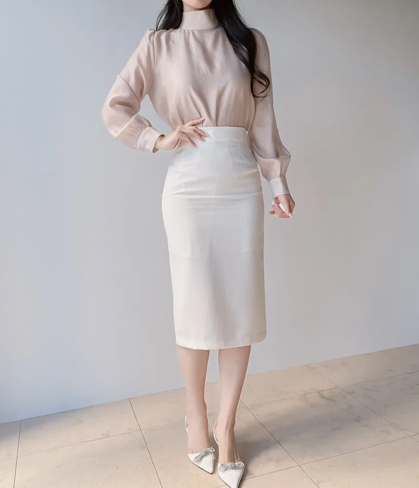 オーガンジーベーシックハイネックジップアップブラウス | mirangmirang | 詳細画像21