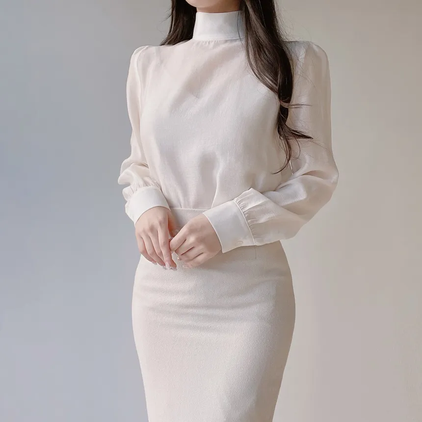 オーガンジーベーシックハイネックジップアップブラウス | mirangmirang | 詳細画像25