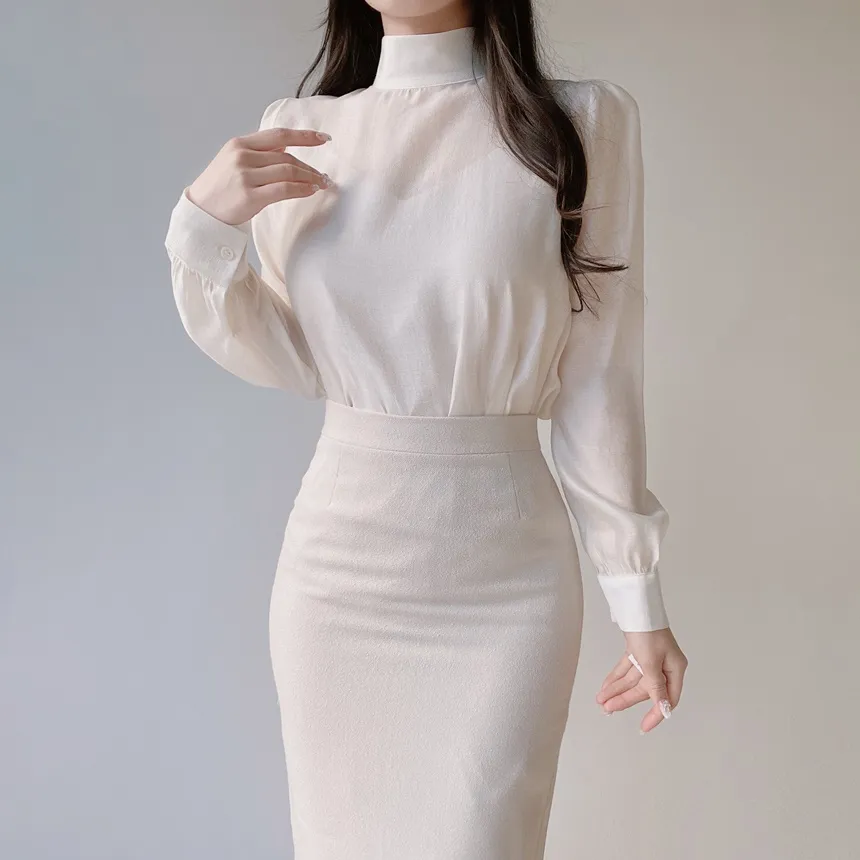 オーガンジーベーシックハイネックジップアップブラウス | mirangmirang | 詳細画像26