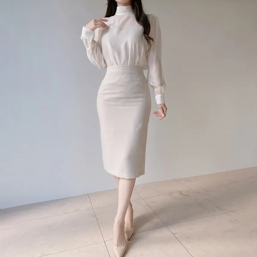 オーガンジーベーシックハイネックジップアップブラウス | mirangmirang | 詳細画像29