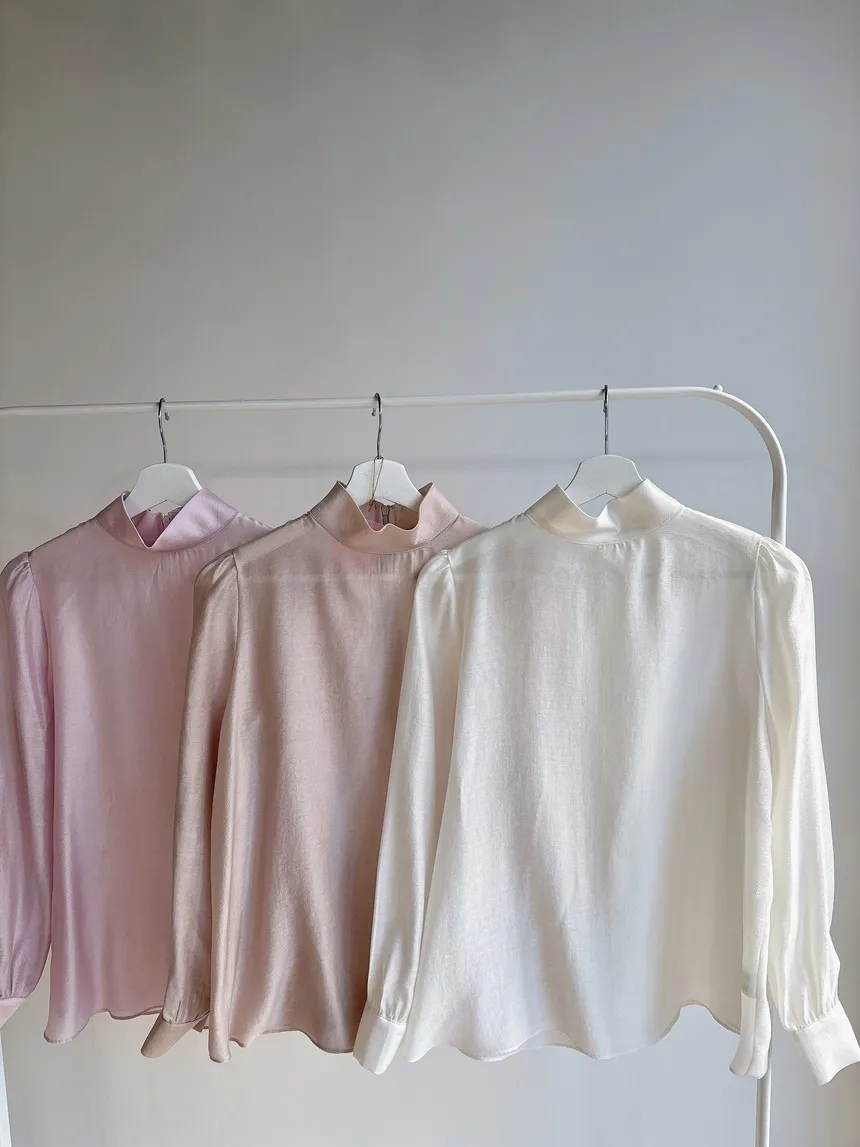 オーガンジーベーシックハイネックジップアップブラウス | mirangmirang | 詳細画像37