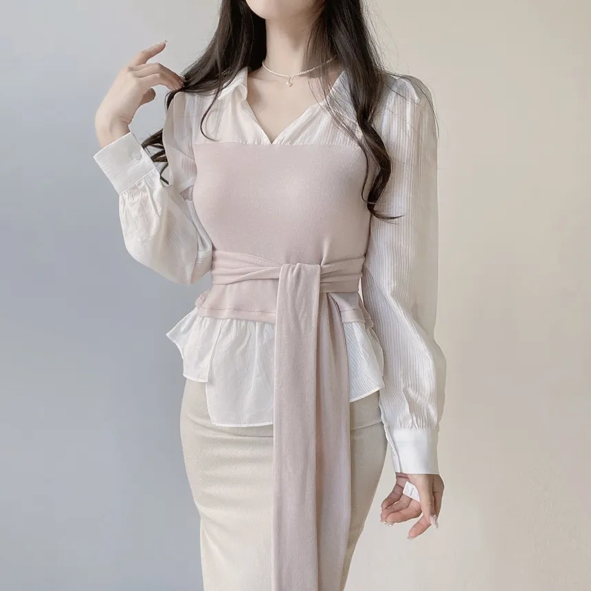 レイヤード風オープンカラー長袖ブラウスストラップ付 | mirangmirang | 詳細画像2