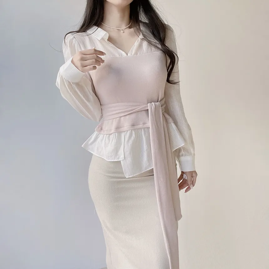 レイヤード風オープンカラー長袖ブラウスストラップ付 | mirangmirang | 詳細画像3