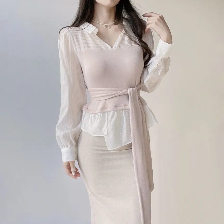 レイヤード風オープンカラー長袖ブラウスストラップ付 | mirangmirang | 詳細画像4