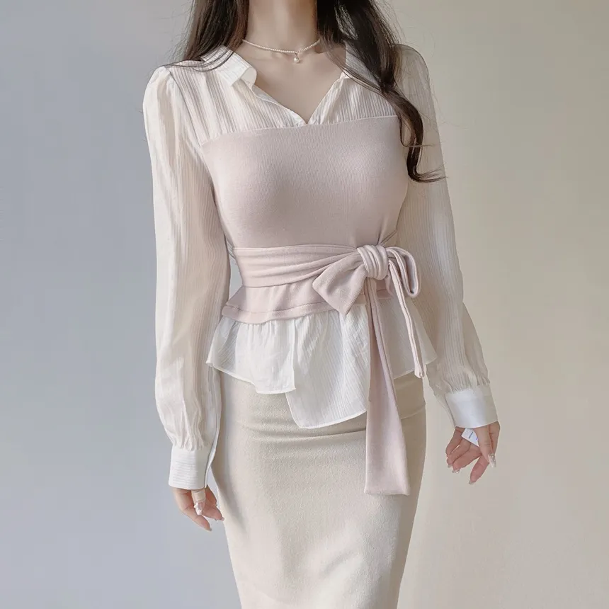 レイヤード風オープンカラー長袖ブラウスストラップ付 | mirangmirang | 詳細画像5