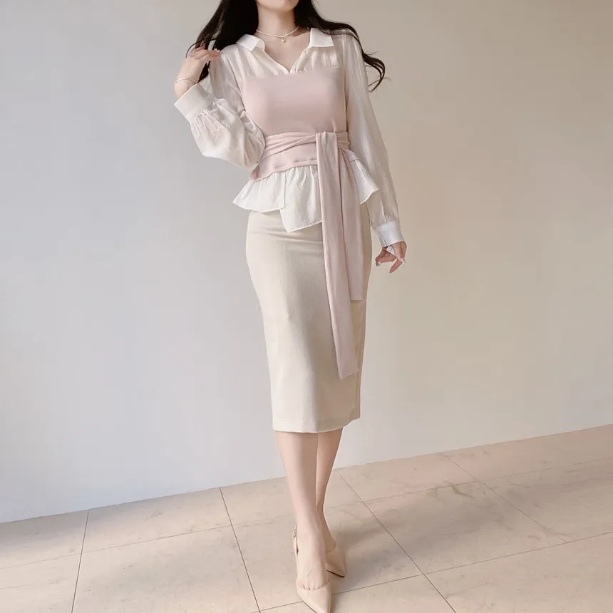 レイヤード風オープンカラー長袖ブラウスストラップ付 | mirangmirang | 詳細画像6