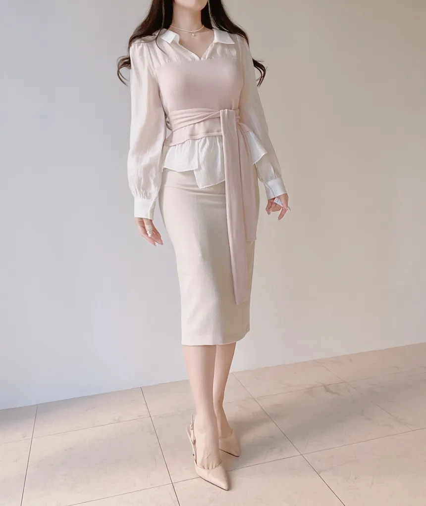 レイヤード風オープンカラー長袖ブラウスストラップ付 | mirangmirang | 詳細画像7