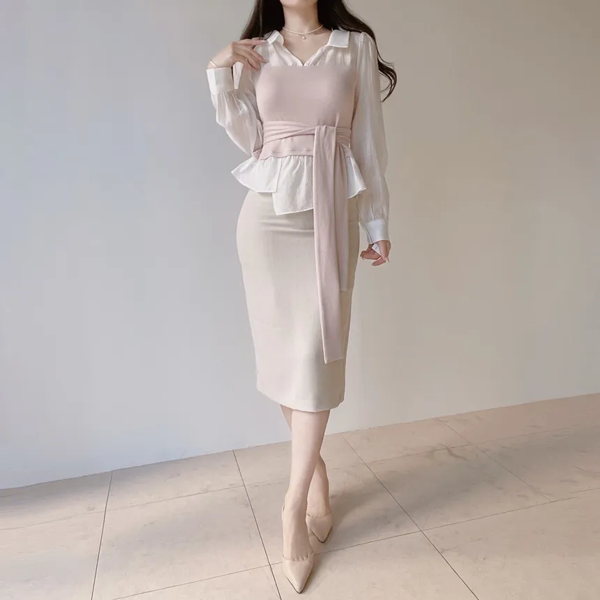 レイヤード風オープンカラー長袖ブラウスストラップ付 | mirangmirang | 詳細画像9