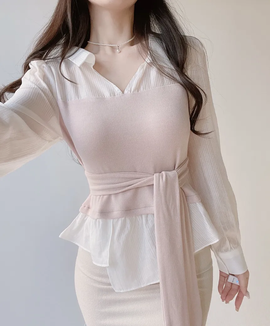 レイヤード風オープンカラー長袖ブラウスストラップ付 | mirangmirang | 詳細画像10