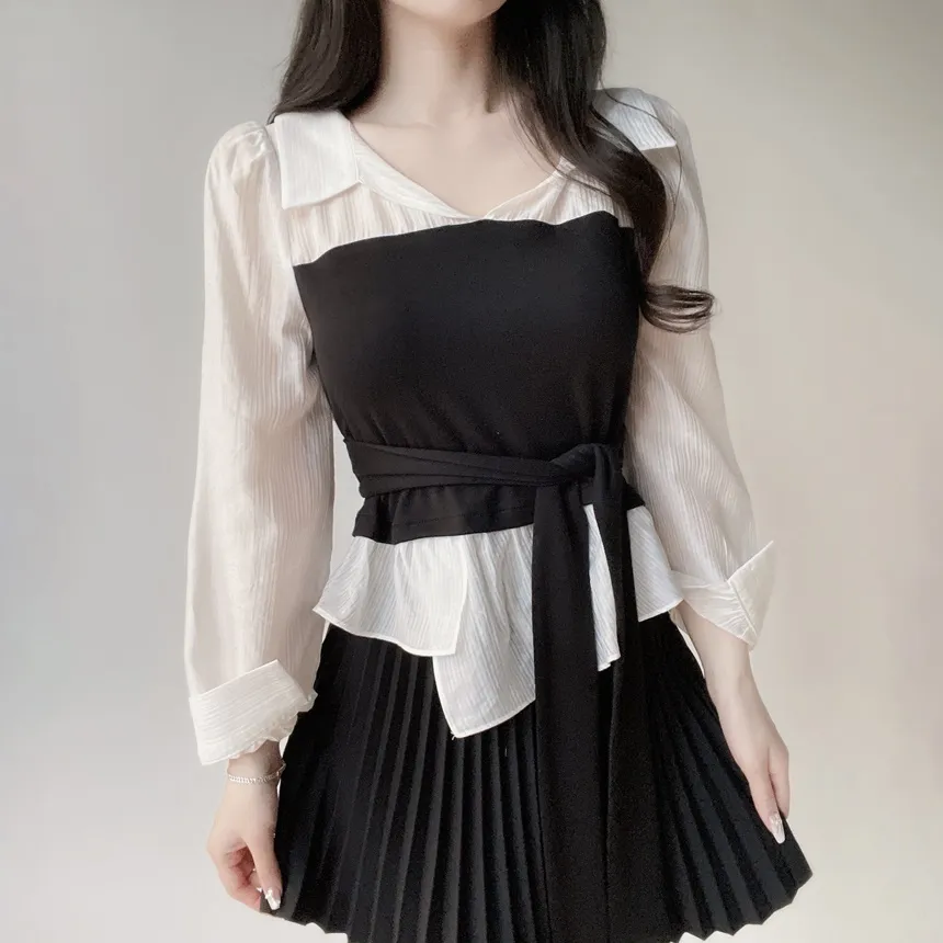 レイヤード風オープンカラー長袖ブラウスストラップ付 | mirangmirang | 詳細画像14