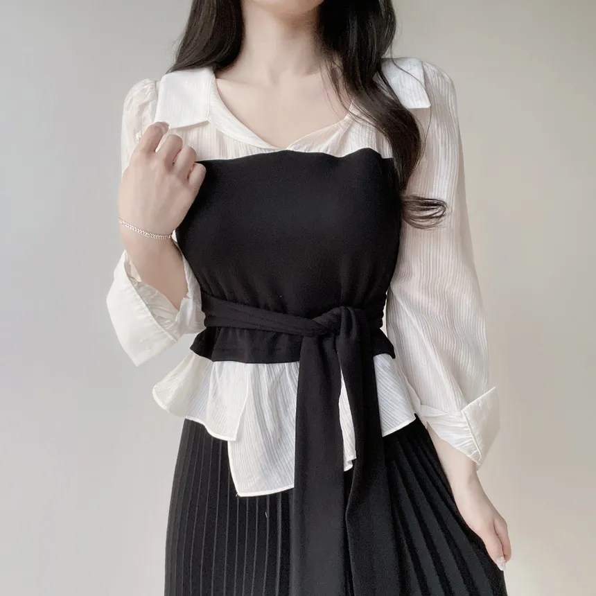 レイヤード風オープンカラー長袖ブラウスストラップ付 | mirangmirang | 詳細画像16