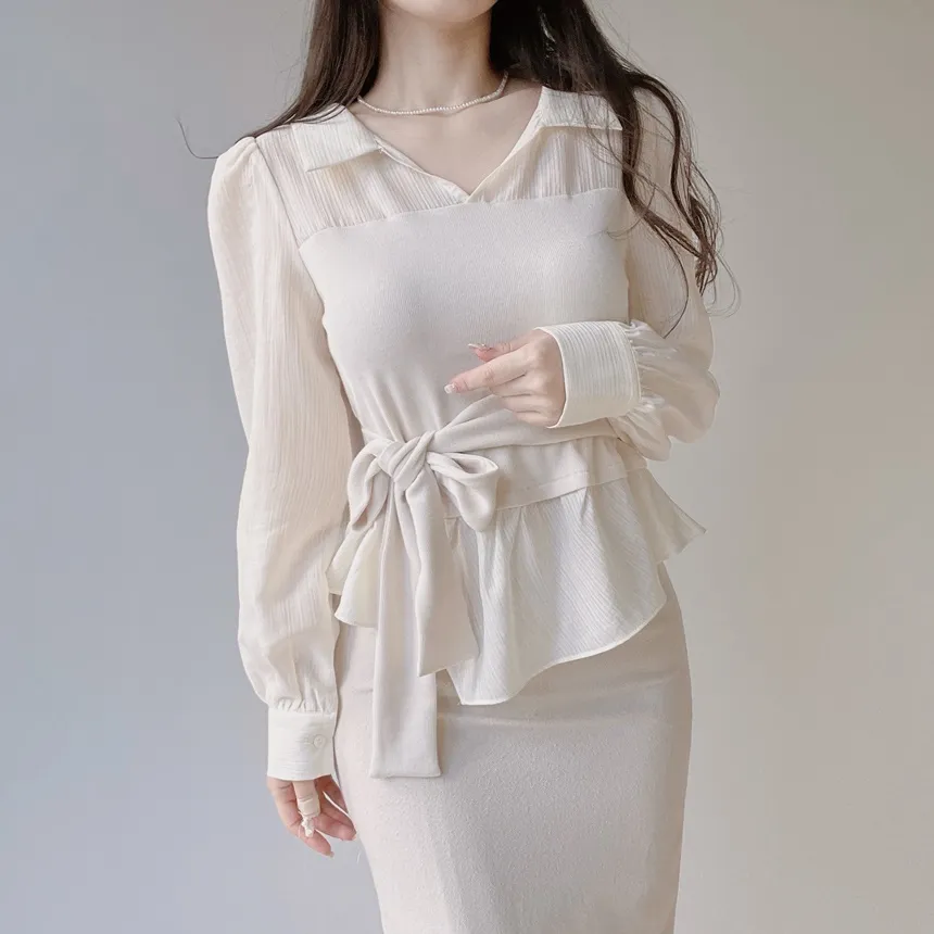 レイヤード風オープンカラー長袖ブラウスストラップ付 | mirangmirang | 詳細画像17