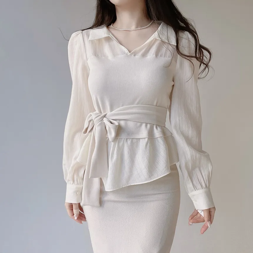 レイヤード風オープンカラー長袖ブラウスストラップ付 | mirangmirang | 詳細画像18