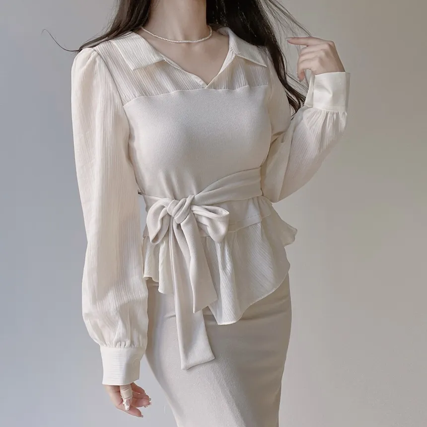 レイヤード風オープンカラー長袖ブラウスストラップ付 | mirangmirang | 詳細画像19