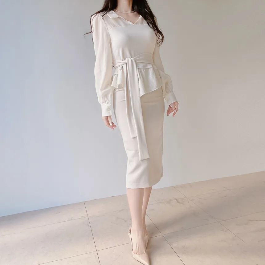 レイヤード風オープンカラー長袖ブラウスストラップ付 | mirangmirang | 詳細画像20