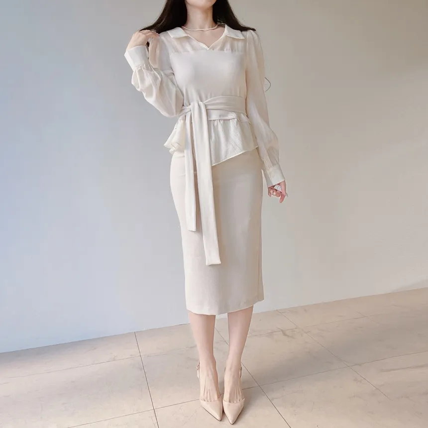 レイヤード風オープンカラー長袖ブラウスストラップ付 | mirangmirang | 詳細画像23