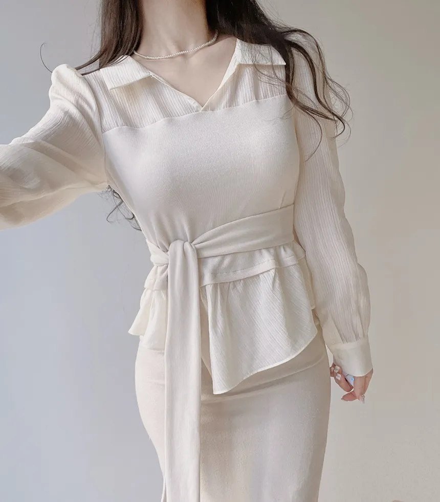 レイヤード風オープンカラー長袖ブラウスストラップ付 | mirangmirang | 詳細画像24