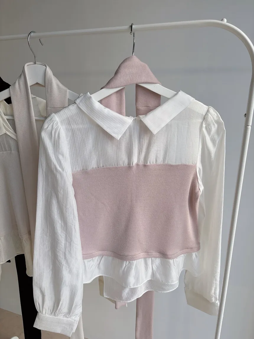 レイヤード風オープンカラー長袖ブラウスストラップ付 | mirangmirang | 詳細画像28