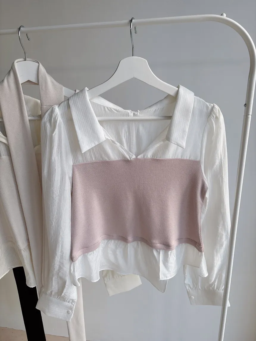 レイヤード風オープンカラー長袖ブラウスストラップ付 | mirangmirang | 詳細画像29