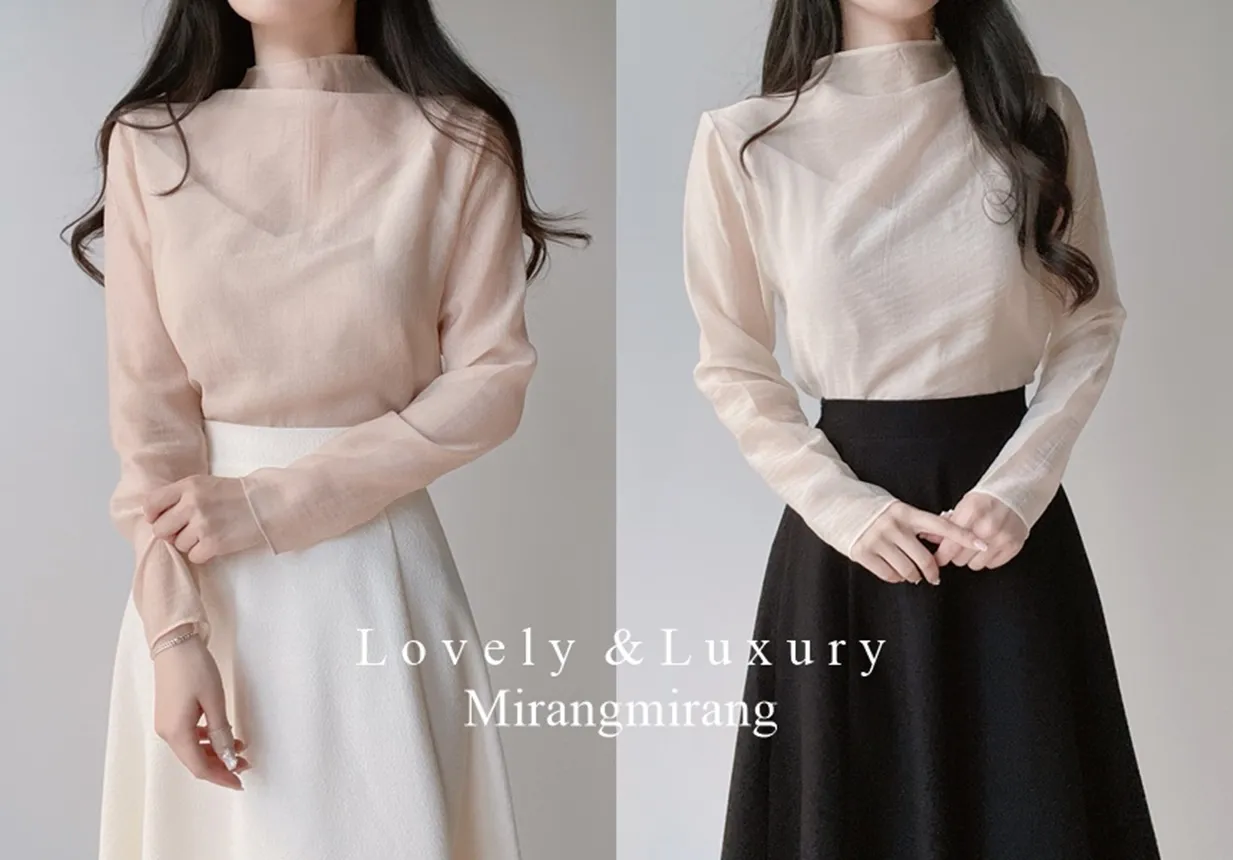 シースルーオーガンジーハーフネックジップアップブラウス | mirangmirang | 詳細画像1