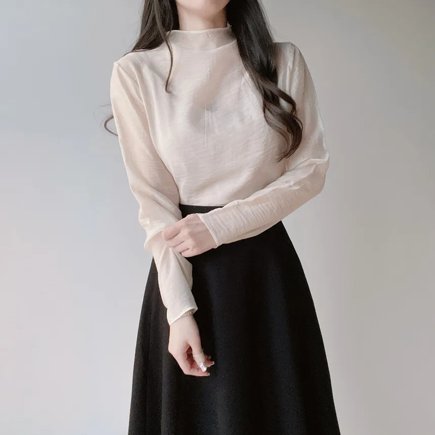 シースルーオーガンジーハーフネックジップアップブラウス | mirangmirang | 詳細画像13