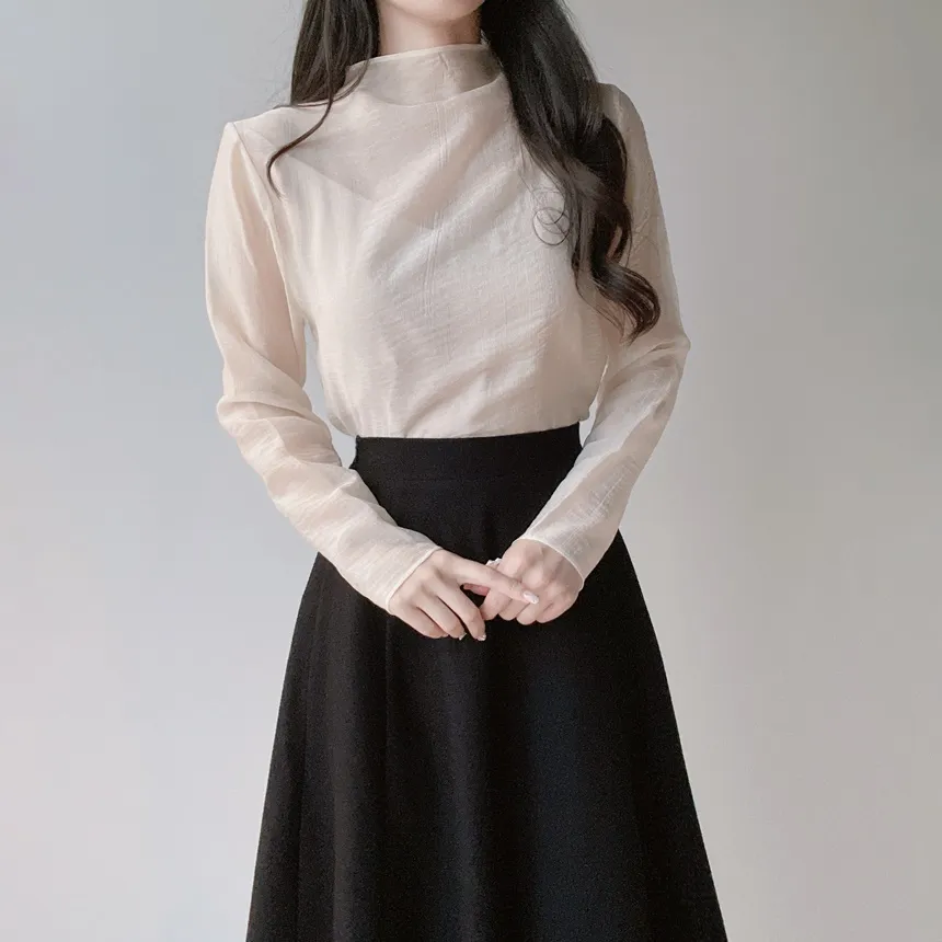 シースルーオーガンジーハーフネックジップアップブラウス | mirangmirang | 詳細画像15