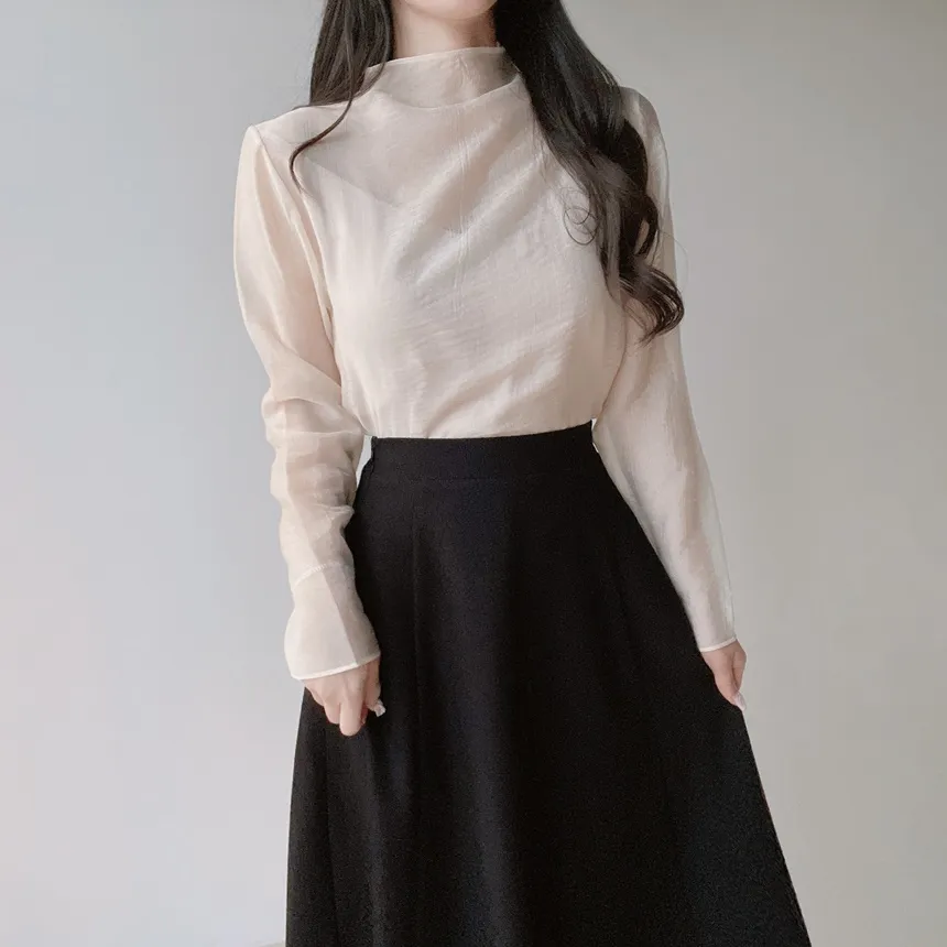 シースルーオーガンジーハーフネックジップアップブラウス | mirangmirang | 詳細画像16