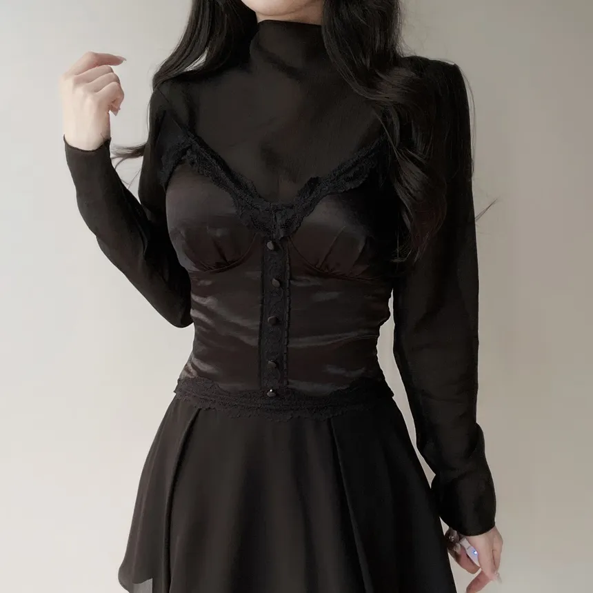 シースルーオーガンジーハーフネックジップアップブラウス | mirangmirang | 詳細画像19