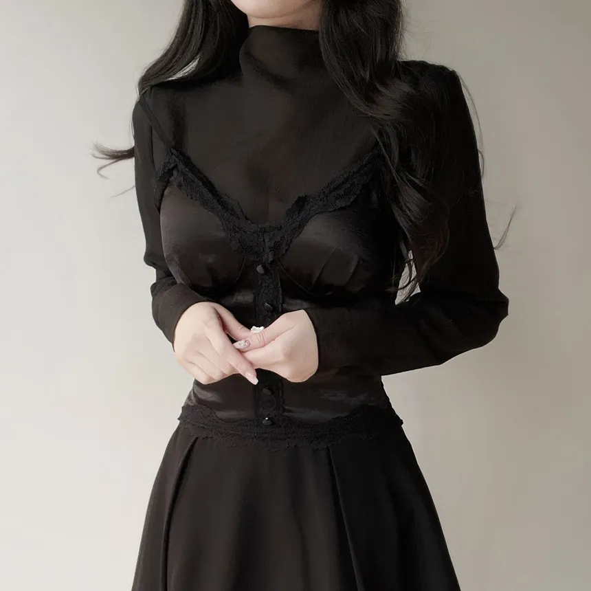 シースルーオーガンジーハーフネックジップアップブラウス | mirangmirang | 詳細画像20