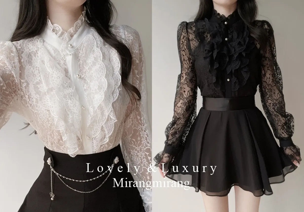 シースルーレースボタンフリル ネックラッフルブラウス | mirangmirang | 詳細画像1