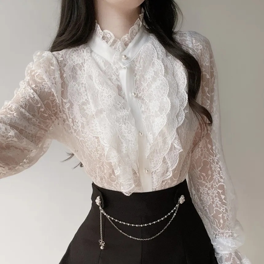 シースルーレースボタンフリル ネックラッフルブラウス | mirangmirang | 詳細画像2