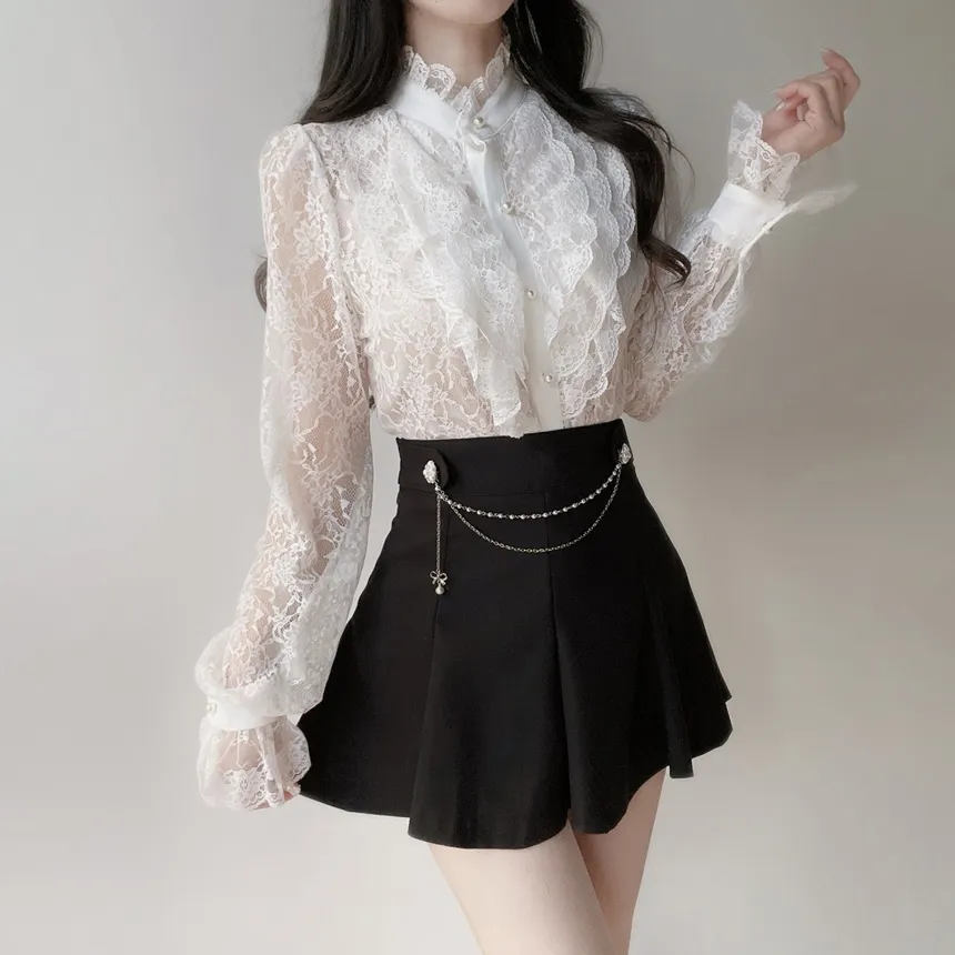 シースルーレースボタンフリル ネックラッフルブラウス | mirangmirang | 詳細画像4