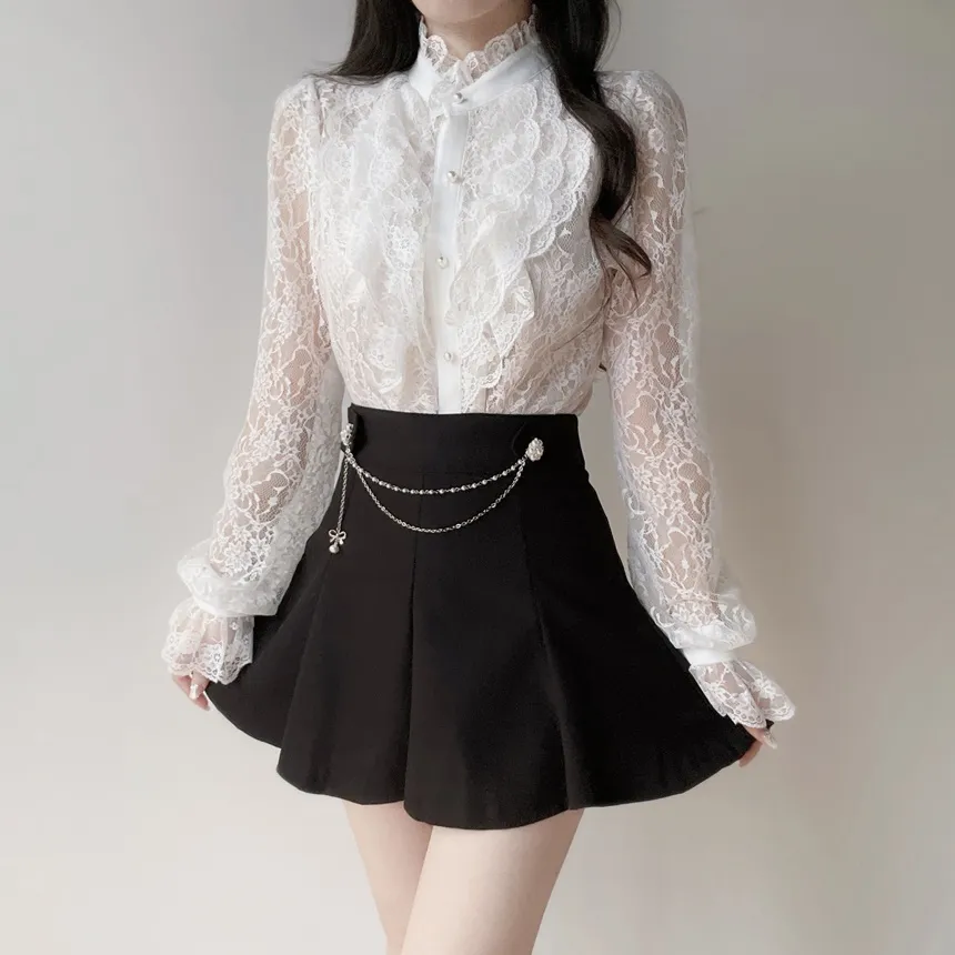 シースルーレースボタンフリル ネックラッフルブラウス | mirangmirang | 詳細画像5