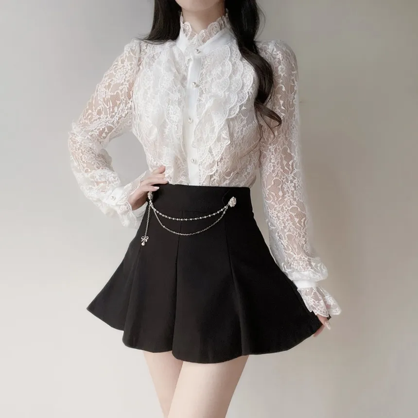 シースルーレースボタンフリル ネックラッフルブラウス | mirangmirang | 詳細画像6