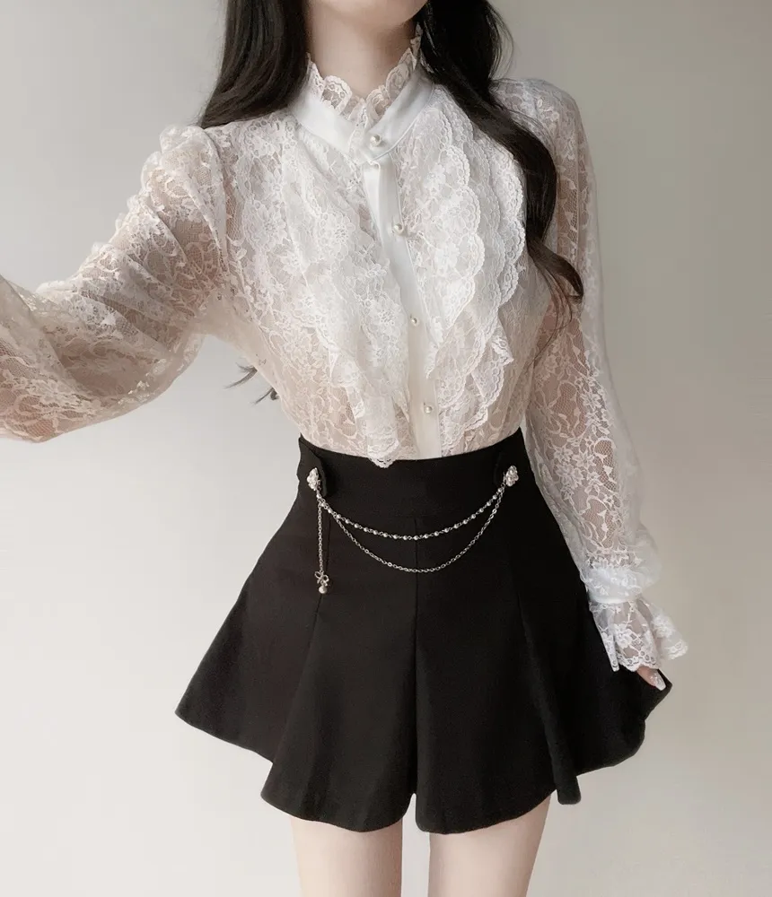 シースルーレースボタンフリル ネックラッフルブラウス | mirangmirang | 詳細画像7